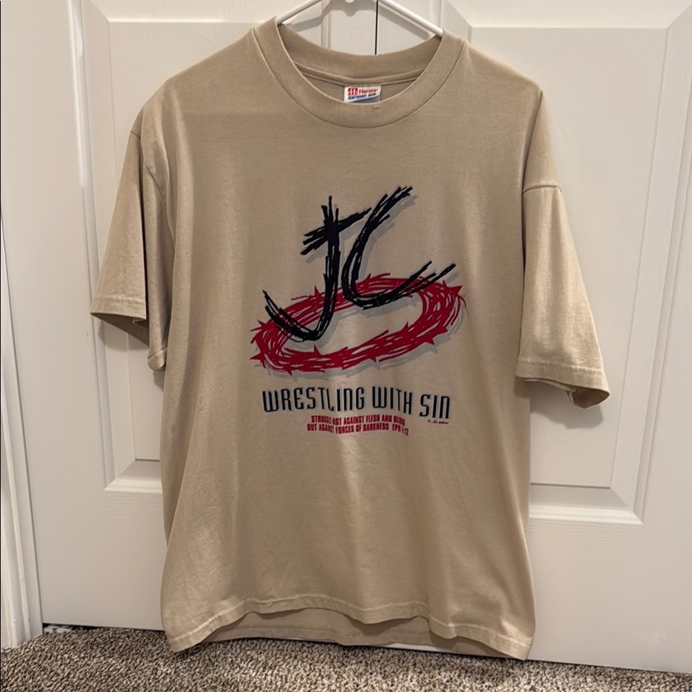 Red and Tan Short Sleeve Tee with Graphic Design